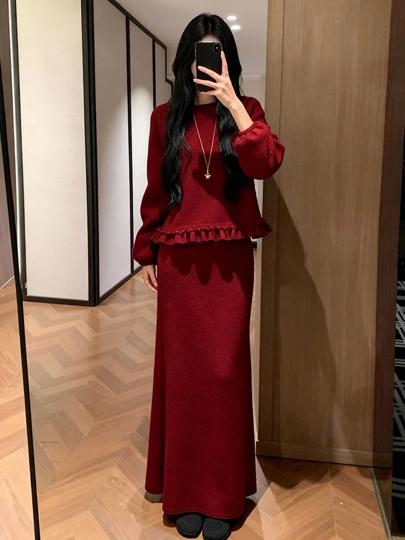 2025秋冬季新款洋气穿搭圆领套头毛衣半身裙大方得体的两件套装