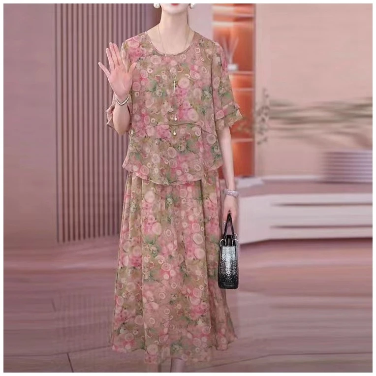 大码女装淑女妈妈碎花印花连衣裙女夏中年洋气妈妈气质宽松款裙装