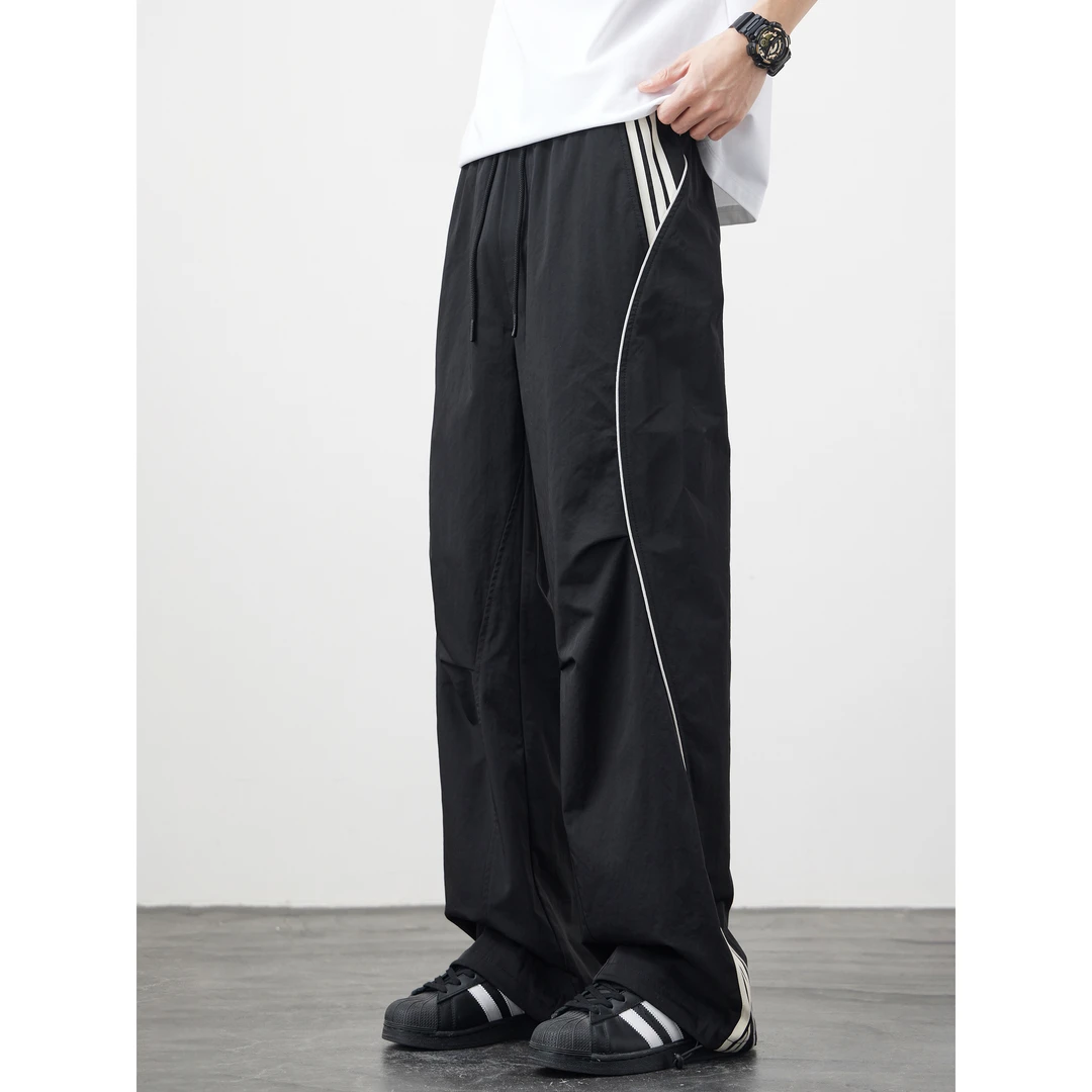 Kuvine2025夏季宽松直筒高街潮流薄款百搭条纹撞色拼接休闲裤男款