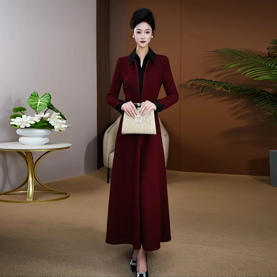 深酒红加厚连衣裙冬季新款时尚设计感原创气质大摆长裙1107