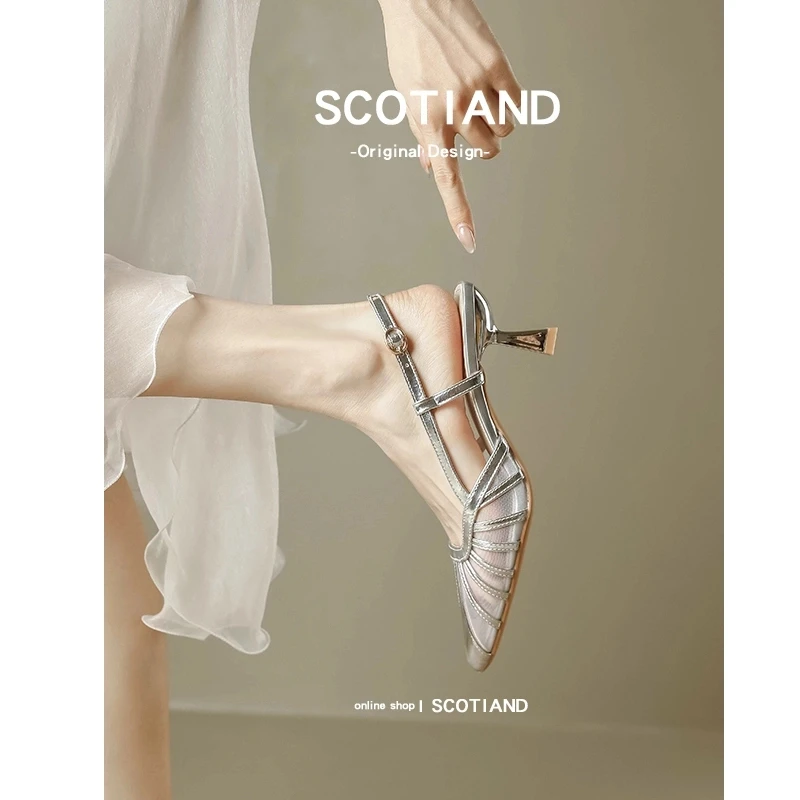 网纱透气尖头凉鞋女2025春夏镂空包头小众设计感夏季女高跟鞋