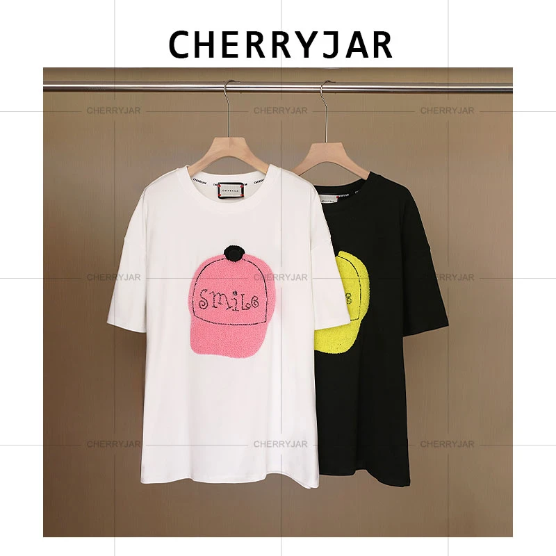 Cherryjar【25530】时尚休闲植绒鸭舌帽刺绣柔软纯色短袖印花宽松