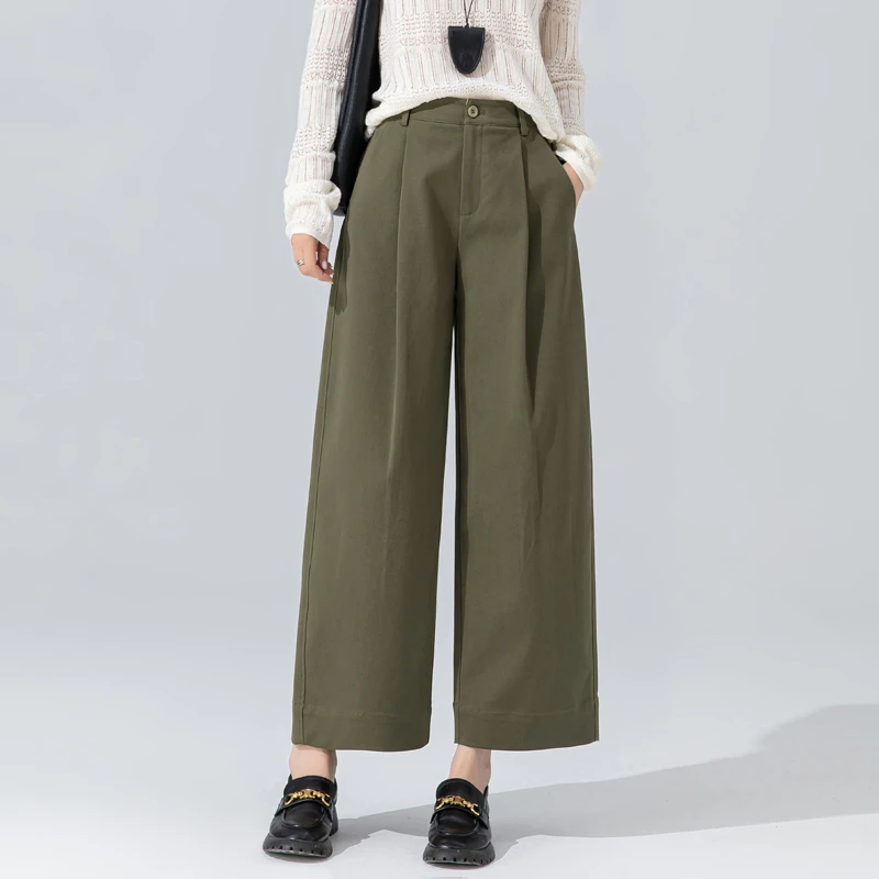 天丝棉直筒裤女2025新款秋季版型超好看的裤子女九分军绿色阔腿裤