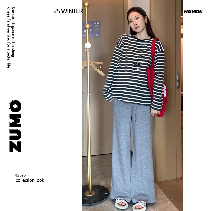 孕妇装套装2025秋季新款条纹长袖T恤女磨毛宽松上衣阔腿裤两件套