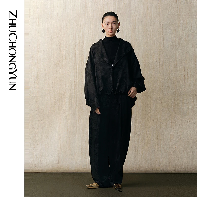 ZHUCHONGYUN2025高腰茧型收脚配腰带桑蚕丝提花长裤子C1FZ13755