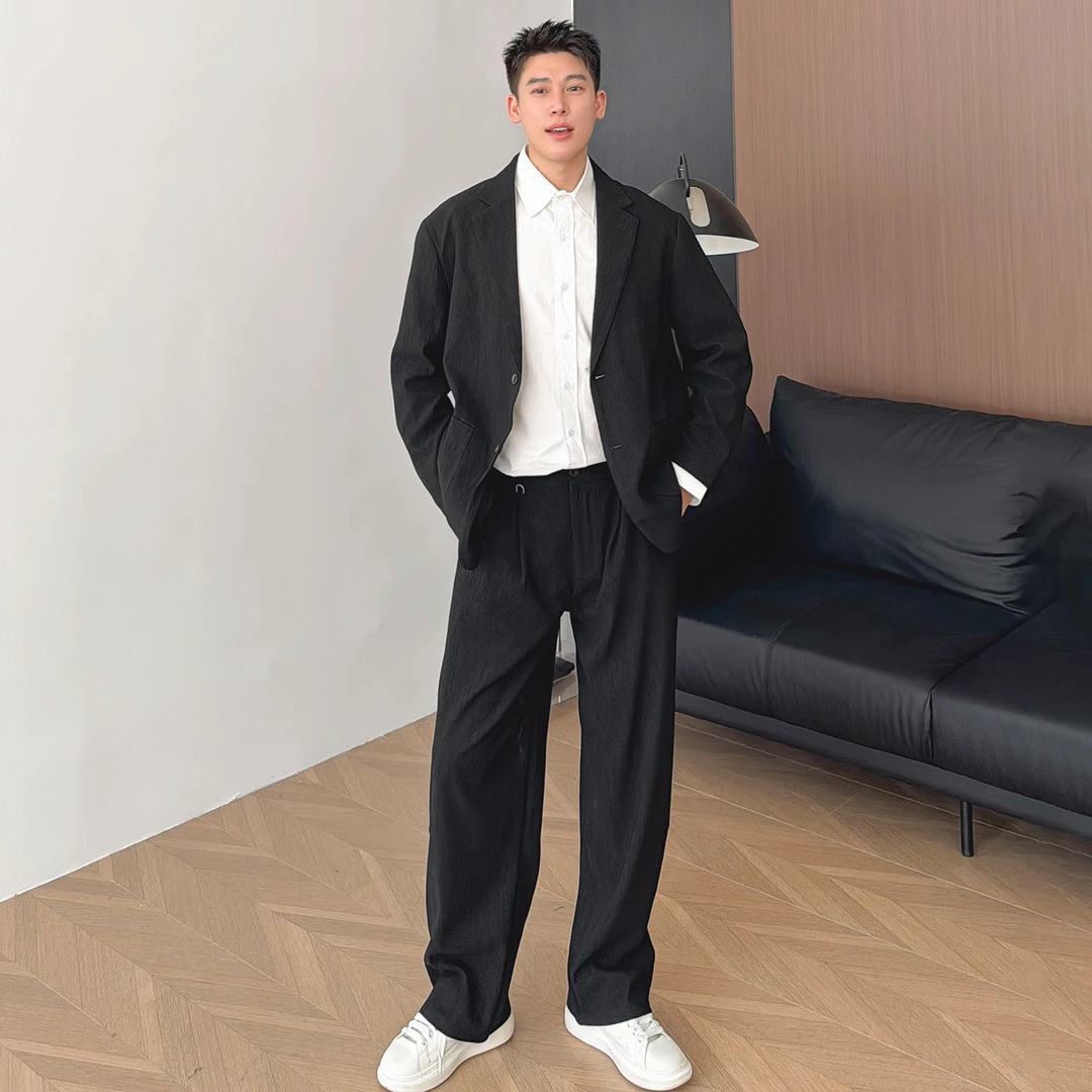 朱渣渣 轻奢肌理感平驳领休闲西服套装男韩版潮流订婚伴郎服偏薄