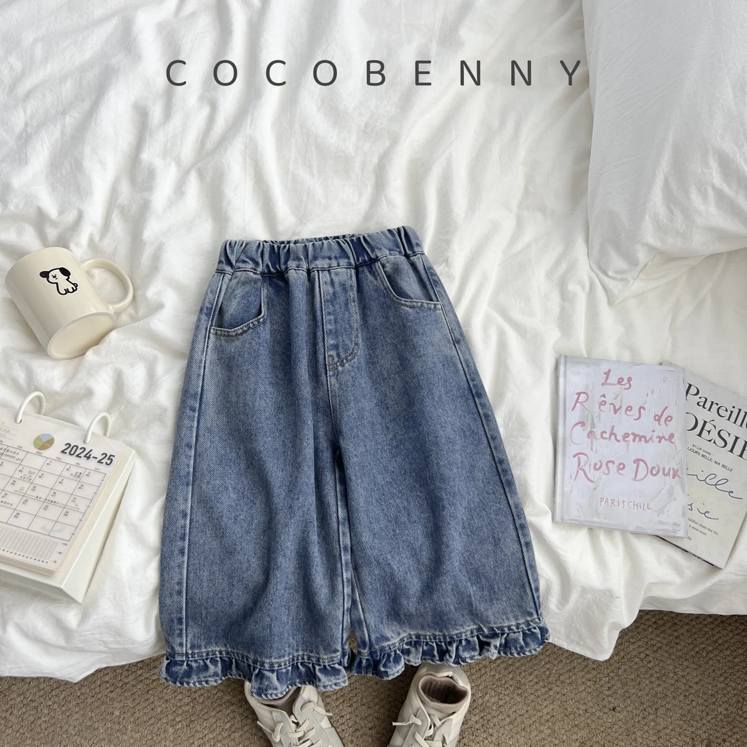 COCOBENNY女童牛仔裤小童宝宝秋季新款脚口木耳边直筒长裤253112