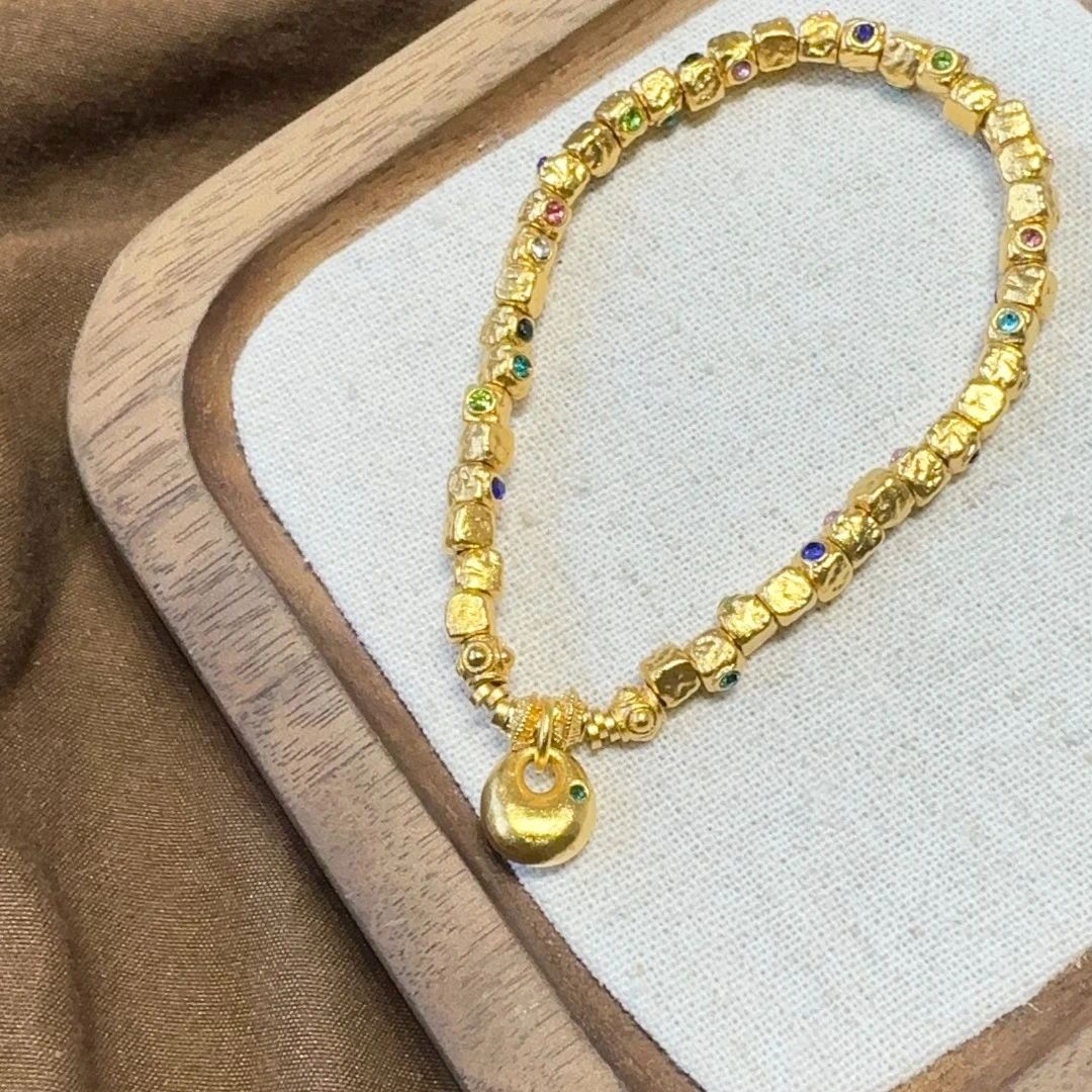 铜合金手链 E28050.铜合金中式磨砂方糖金坨手链复古轻奢时尚