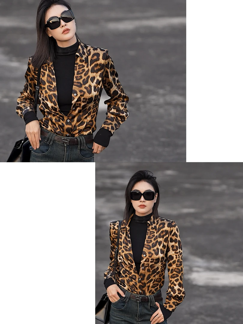 SU YAN 原创气质春季时尚长袖修身休闲基础款收腰豹纹衬衣 z070