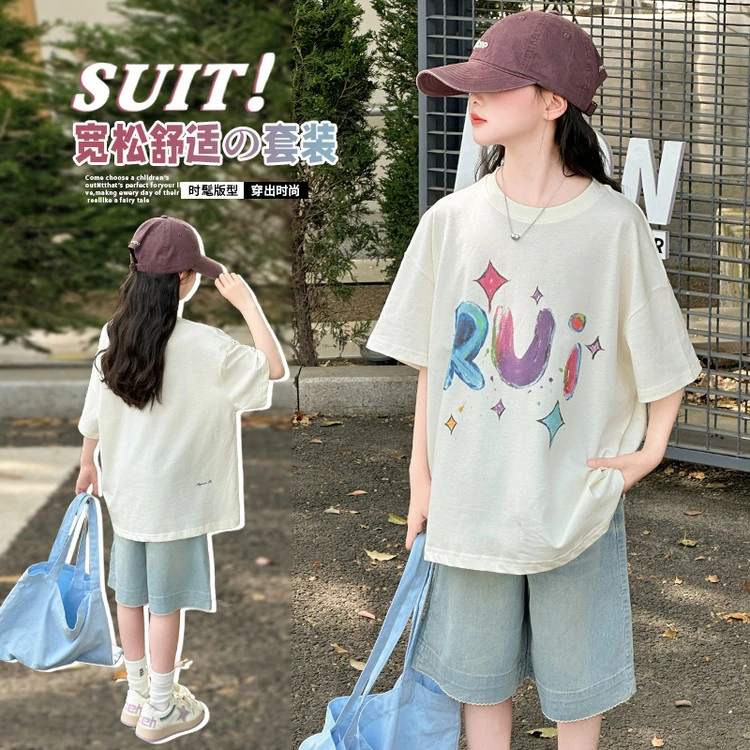 女童夏短袖T恤2025新款中大童宽松半袖上衣儿童夏季牛仔短裤套装