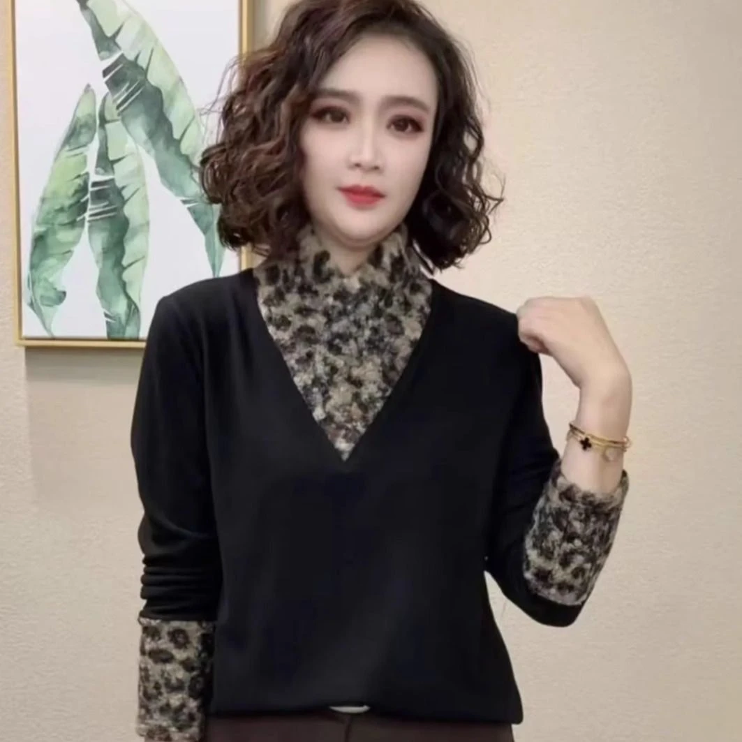 2025冬季豹纹拼接打底衫女半高领百搭保暖卫衣气质显瘦内搭上衣