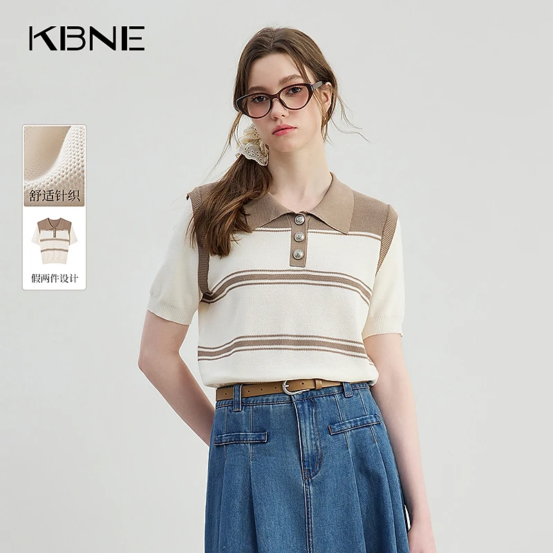 KBNE假两件针织衫女2025春季新款复古撞色条纹短袖针织衫polo衫