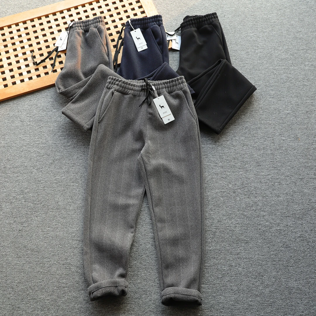 丹麦的小山羊 毛呢磨毛加绒保暖休闲格纹休闲裤冬季裤