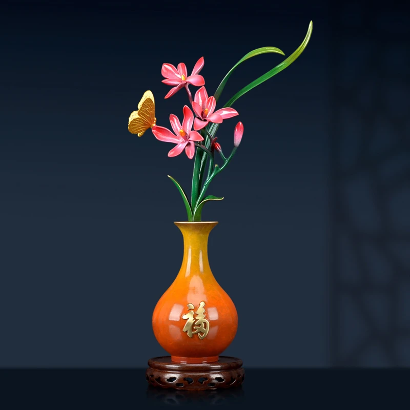 客厅装饰品兰花摆设铜花瓶书房办公桌饰品中式轻奢家居摆件首发