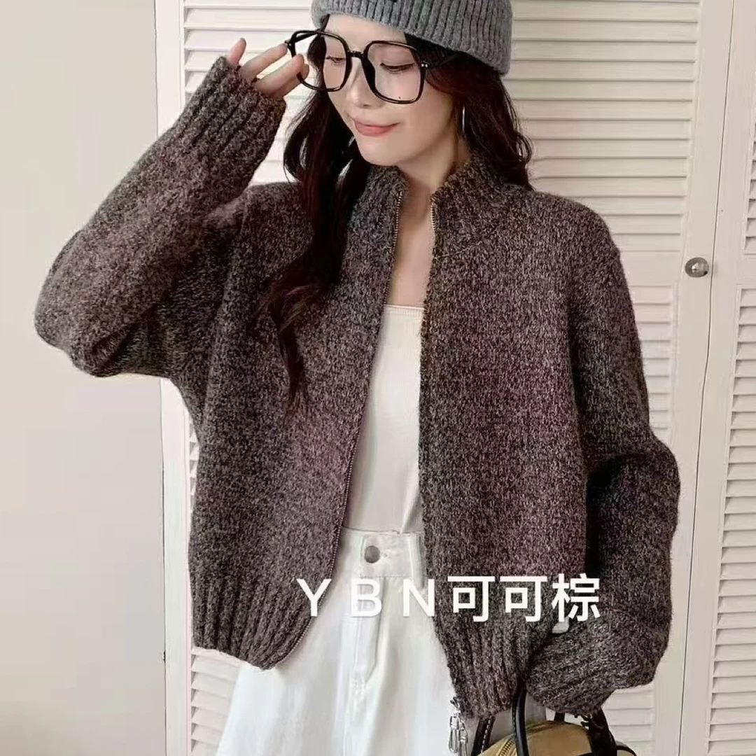 针织厚款长袖立领秋冬季毛针织衫毛衫开衫短款立领