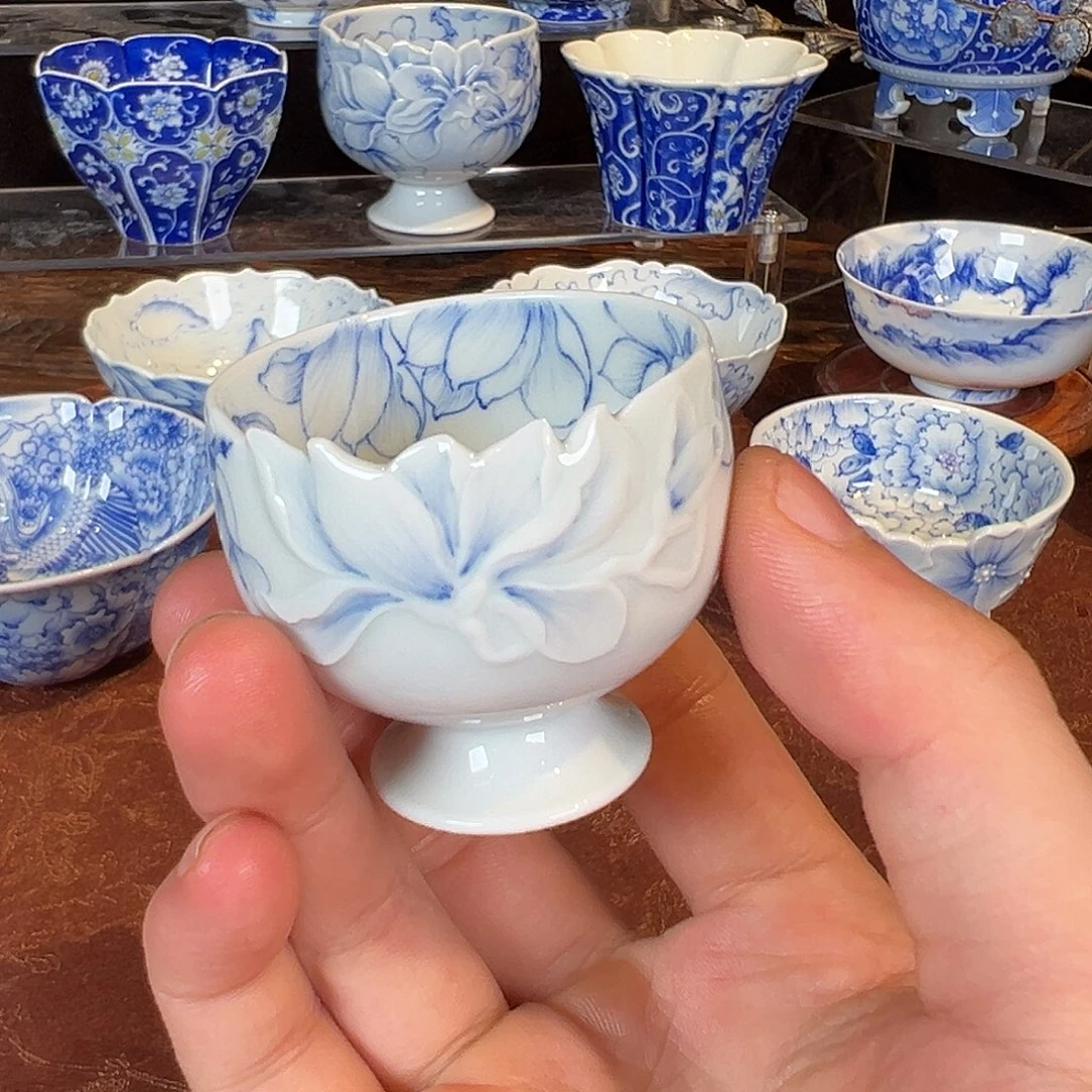 杯子青瞧轩玉兰花雕刻小高足杯