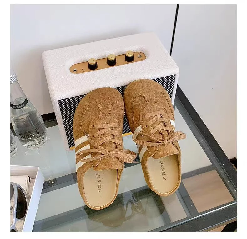 修面皮日常反绒低跟包头包头拖韩版松糕底拼色浅口