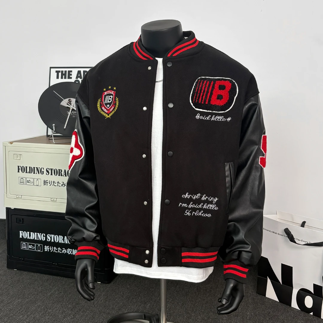 美式潮牌徽章拼接撞色棒球服外套男春秋季潮流宽松情侣PU皮夹克