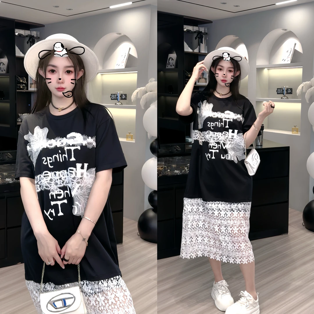 蕾丝拼接短袖连衣裙女2025春夏新款字母印花长裙洋气裙子欧洲站潮