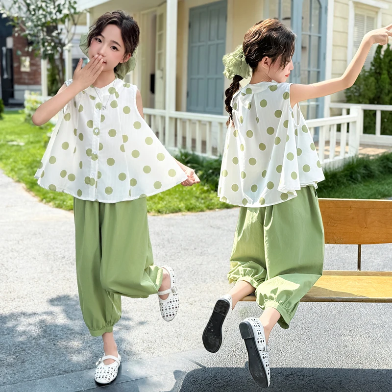 2025新款女童夏日薄款圆点衬衫套装宽松透气清爽时尚中大童简约