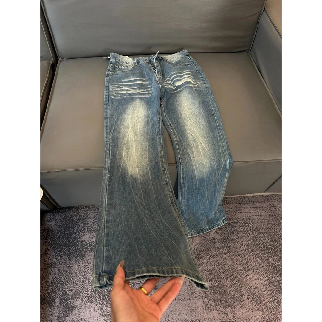 闪电纹微喇牛仔裤男潮牌痞帅cleanfit裤子美式高街修身直筒弯刀裤