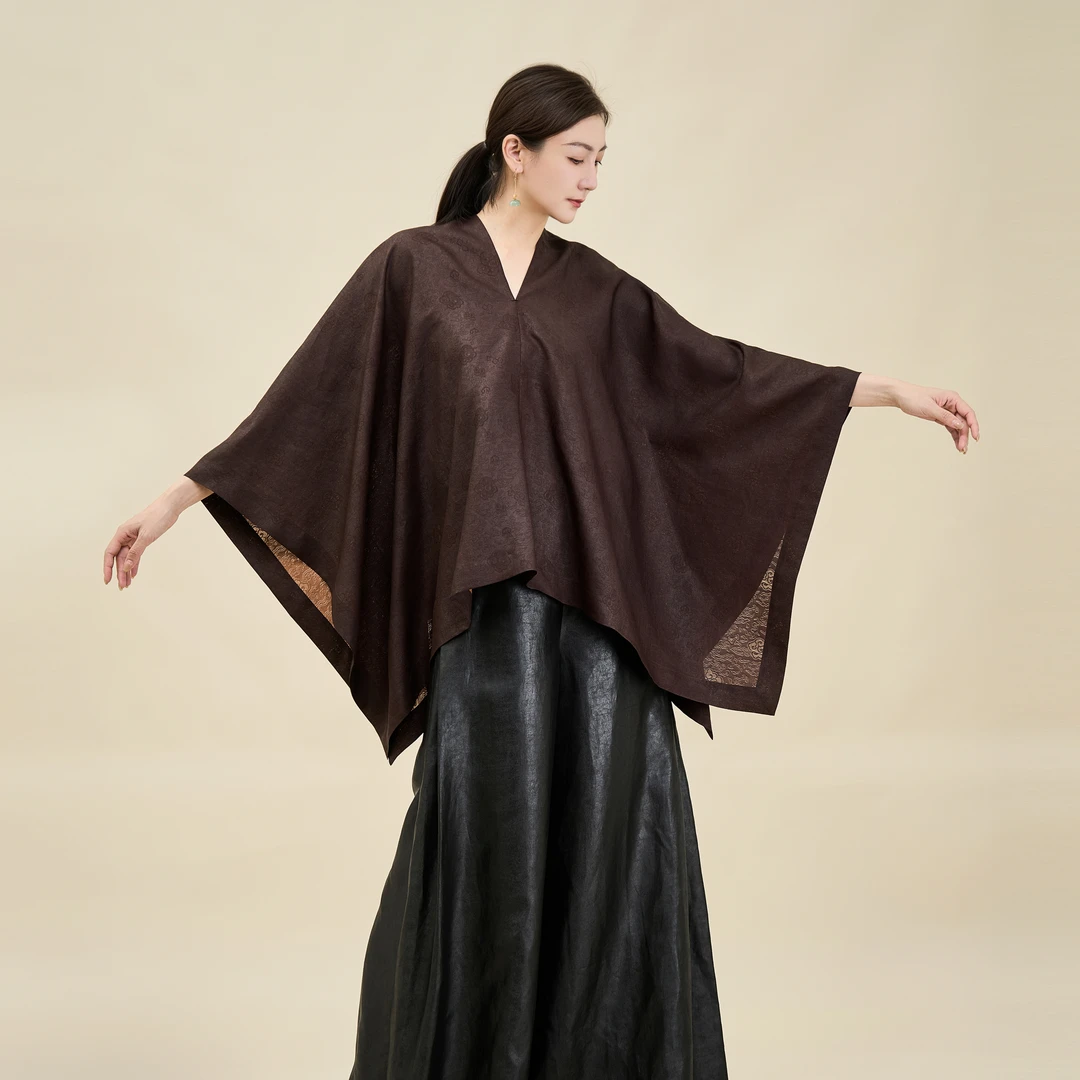 【栖香锦】红云纱莨纱 新中式  设计师款 蝙蝠袖 斗篷 上衣