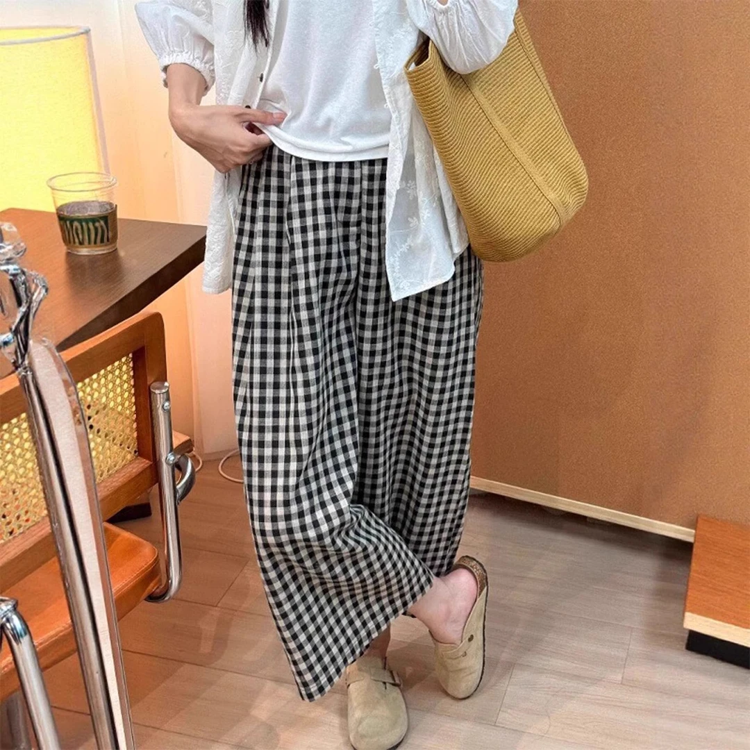 小个子慵懒风高腰直筒休闲裤夏季薄款大码梨型身材九分黑白格子裤