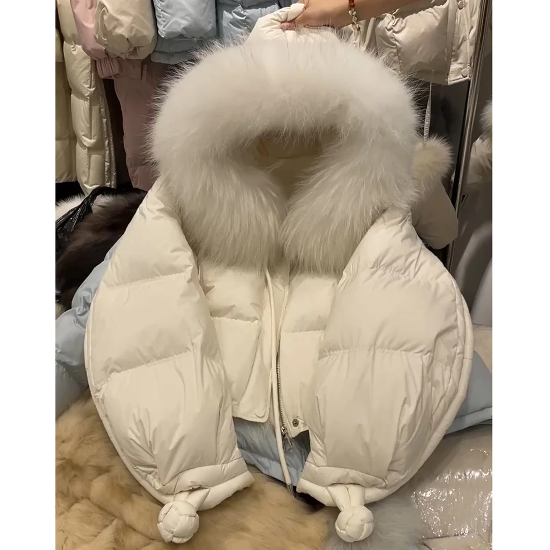 大毛领连帽泡芙羽绒服女2025年冬季新款小个子短款保暖白鸭绒外套