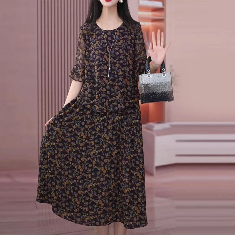 大码女装复古碎花高档乔其纱连衣裙遮肉弹力腰过膝裙子2025夏季新