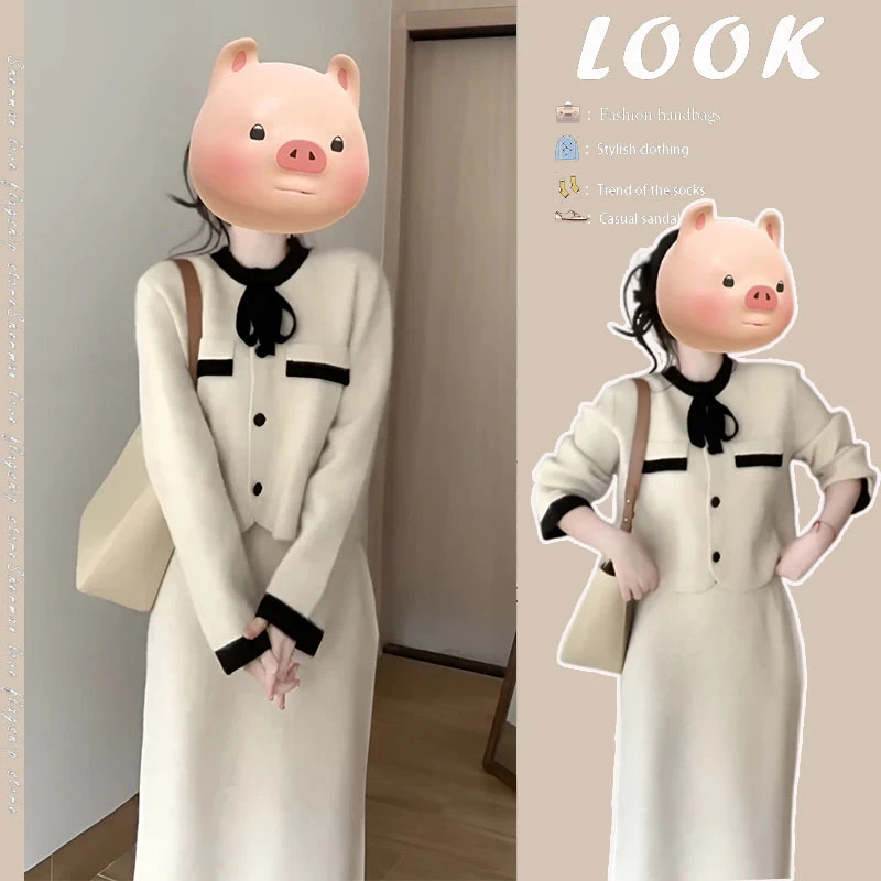 2025秋季新款温柔短款撞色系带针织上衣气质高腰显瘦半身裙两件套