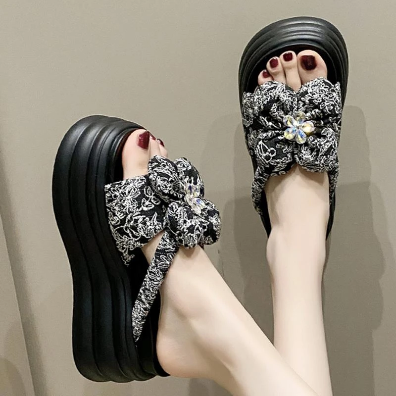 仙女风厚底水钻拖鞋女时尚外穿2025夏季新款增高8cm花朵松糕凉拖