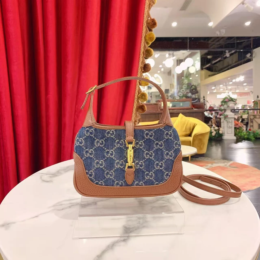 95新 GUCCI/古驰 GGSjackie mini蓝色金扣牛仔丹宁拼皮 22143207
