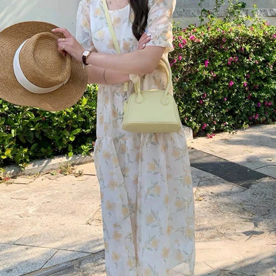 夏季法式桔梗碎花连衣裙小清新初恋长裙气质雪纺浅黄色#7134