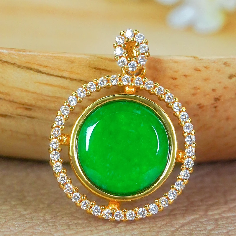 天然翡翠A货银镶嵌精致设计豪镶满绿翡翠龙石圆牌单吊坠