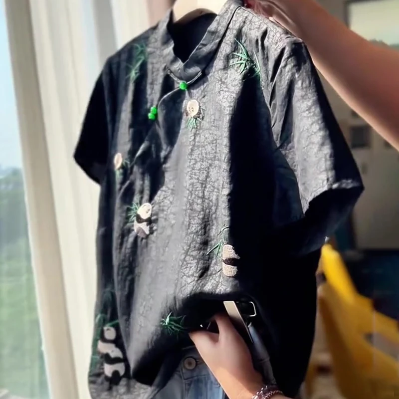 新中式国风复古重工刺绣黑色上衣女夏季新款盘扣龟裂纹短袖潮