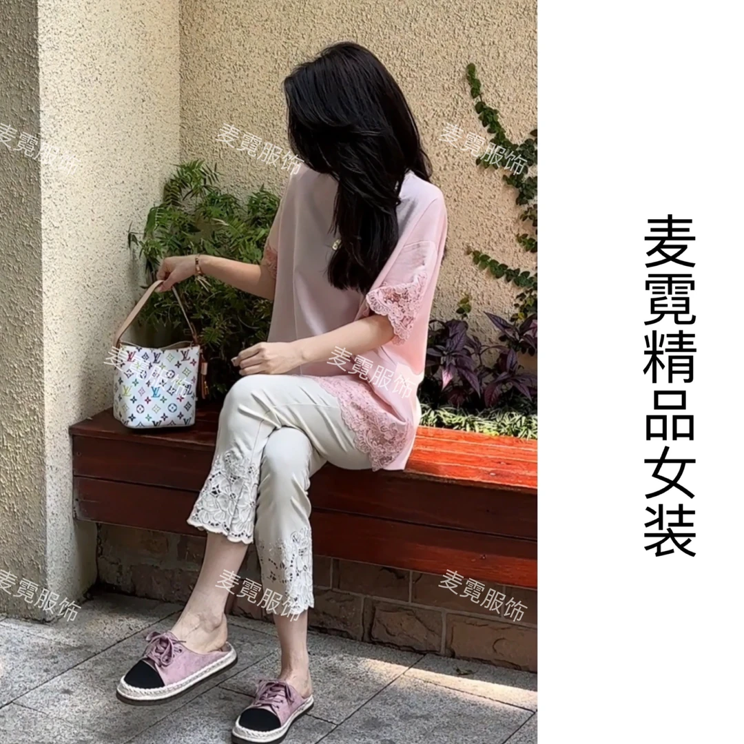 [麦霓严选]2025新款时尚圆领拼接蕾丝T恤上衣女9214