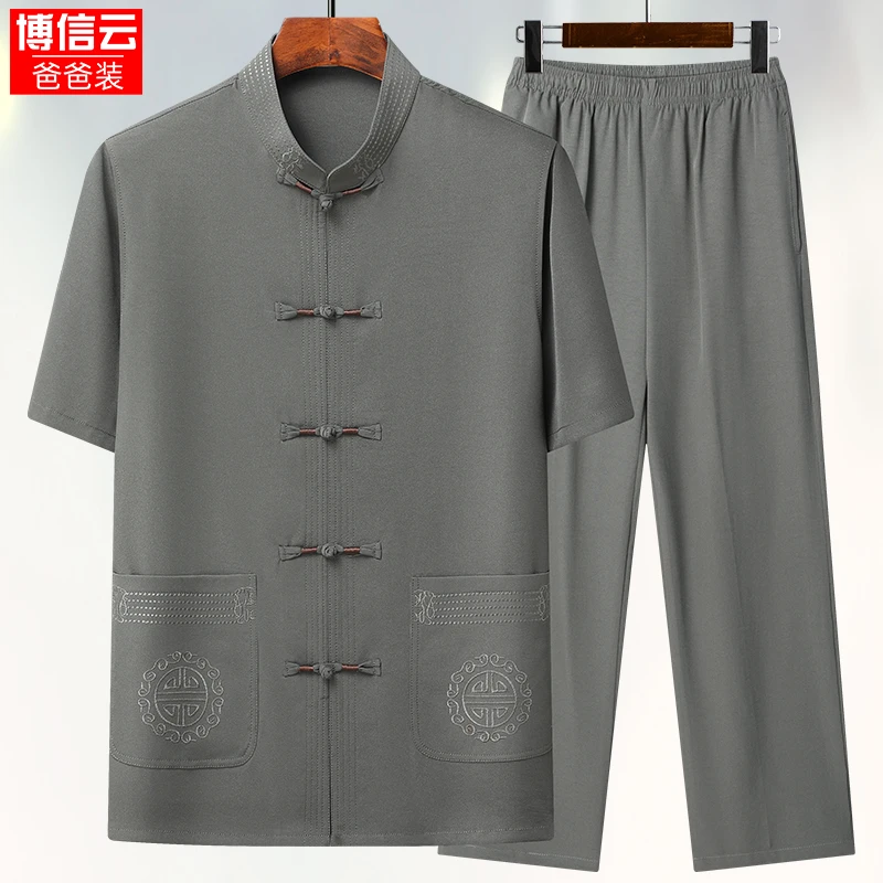 中国风唐装套装休闲男服装夏季中老年衬衫民族风短袖爷爷爸爸薄款