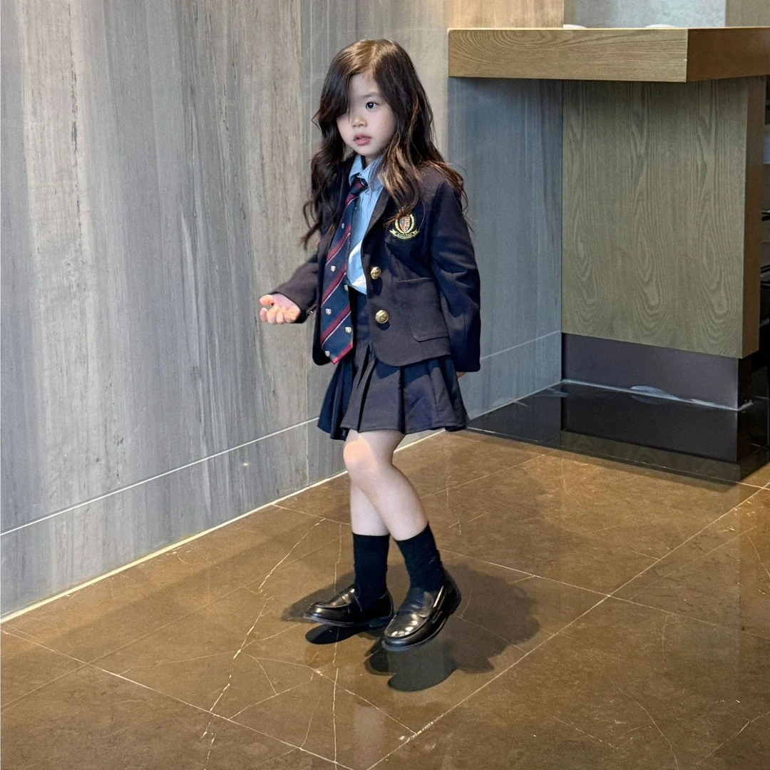 壹妈韩版童装女童学院风套装秋季洋气儿童西装外套衬衫上衣百褶裙