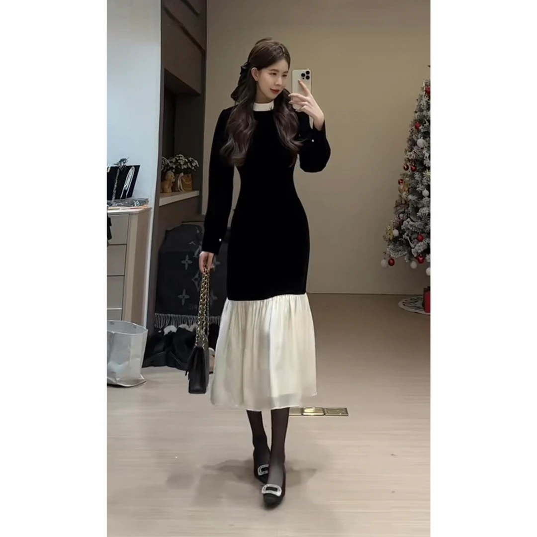 【清清】舒胡蕾 丝绒新贵 丝绒拼接长款连衣裙法式时尚优雅设计师