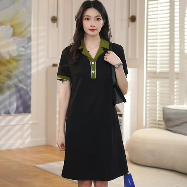韩版潮拼色翻领宽松慵懒风短袖T恤裙夏季时尚洋气减龄黑色连衣裙