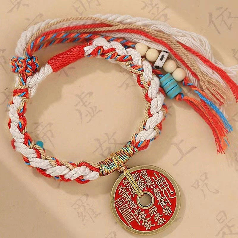 黄铜布艺手链 正宗山鬼花钱正品钥匙扣手链手工国风小众编织手绳