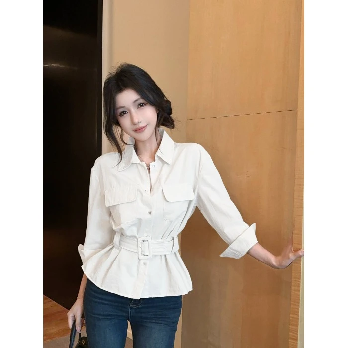 港味复古chic高级感POLO领七分袖显瘦衬衫女初秋季设计感收腰衬衣