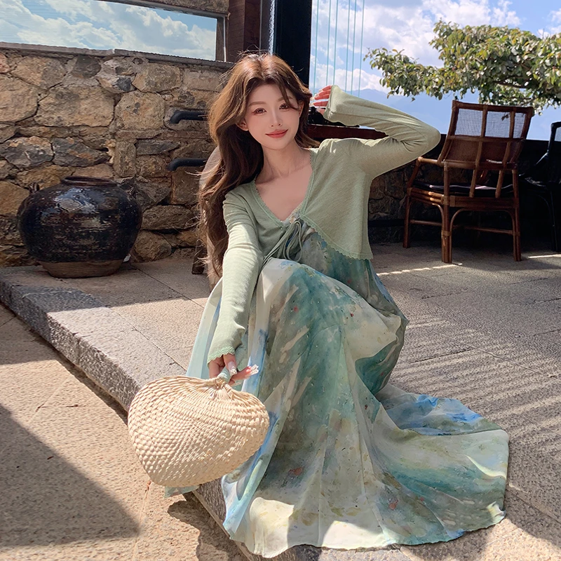 法式烂漫吊带连衣裙披肩两件套女2025年春季新款时尚度假风套装裙