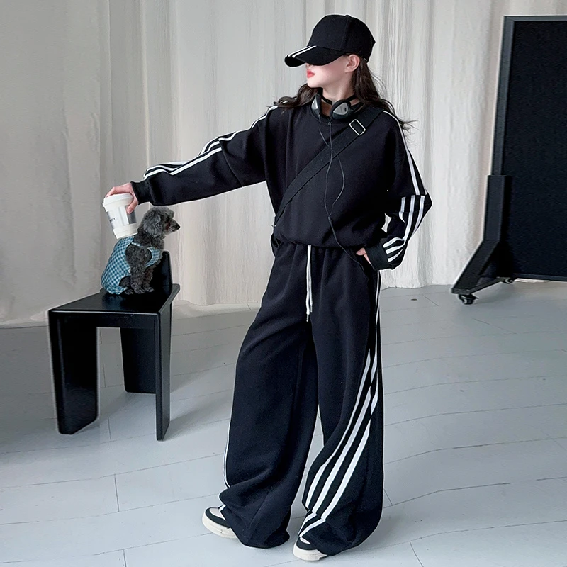 【嘻嘻柚】女童春秋潮流时尚针织拉条套装2025新时髦卫衣运动两件套