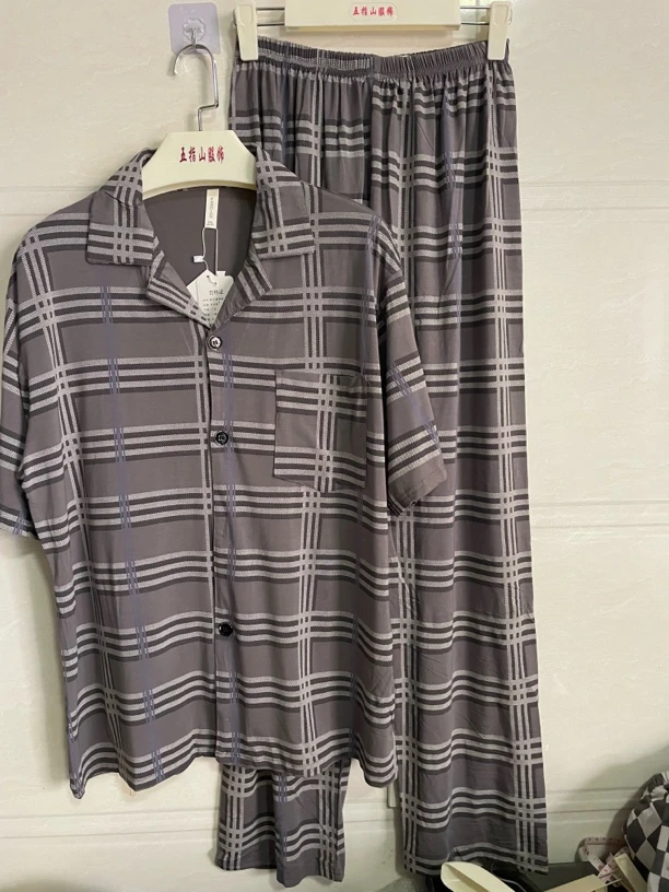（格纹）纯棉2025新款男士睡衣夏季短袖长裤夏天宽松大码家居服套装