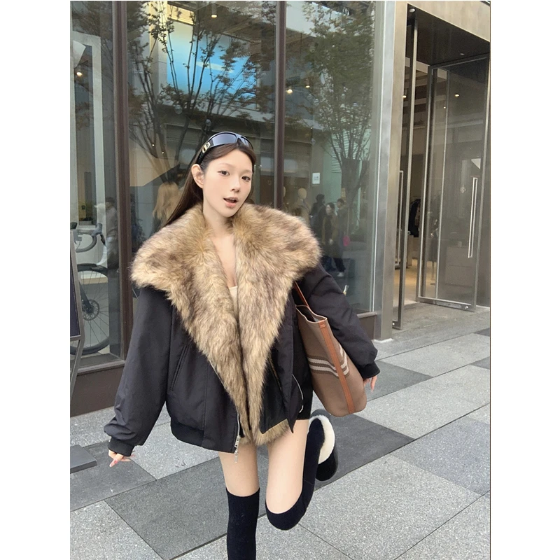 美式街头加厚棉服女秋冬重工拼接毛毛皮草外套宽松保暖黑色棉服潮