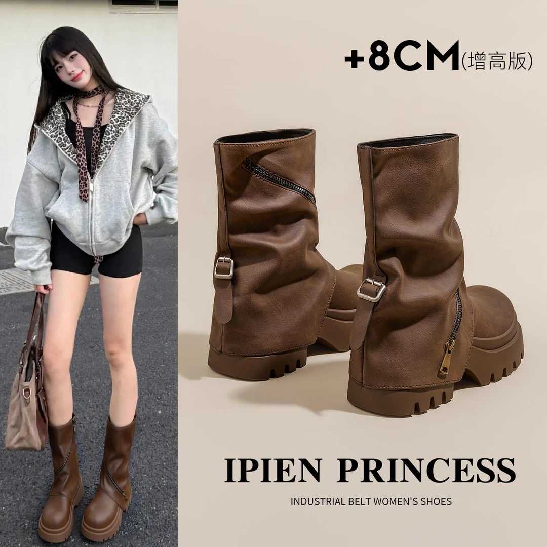 复古百搭马丁靴女2026秋季新款美拉德短靴厚底增高皮带扣机车靴