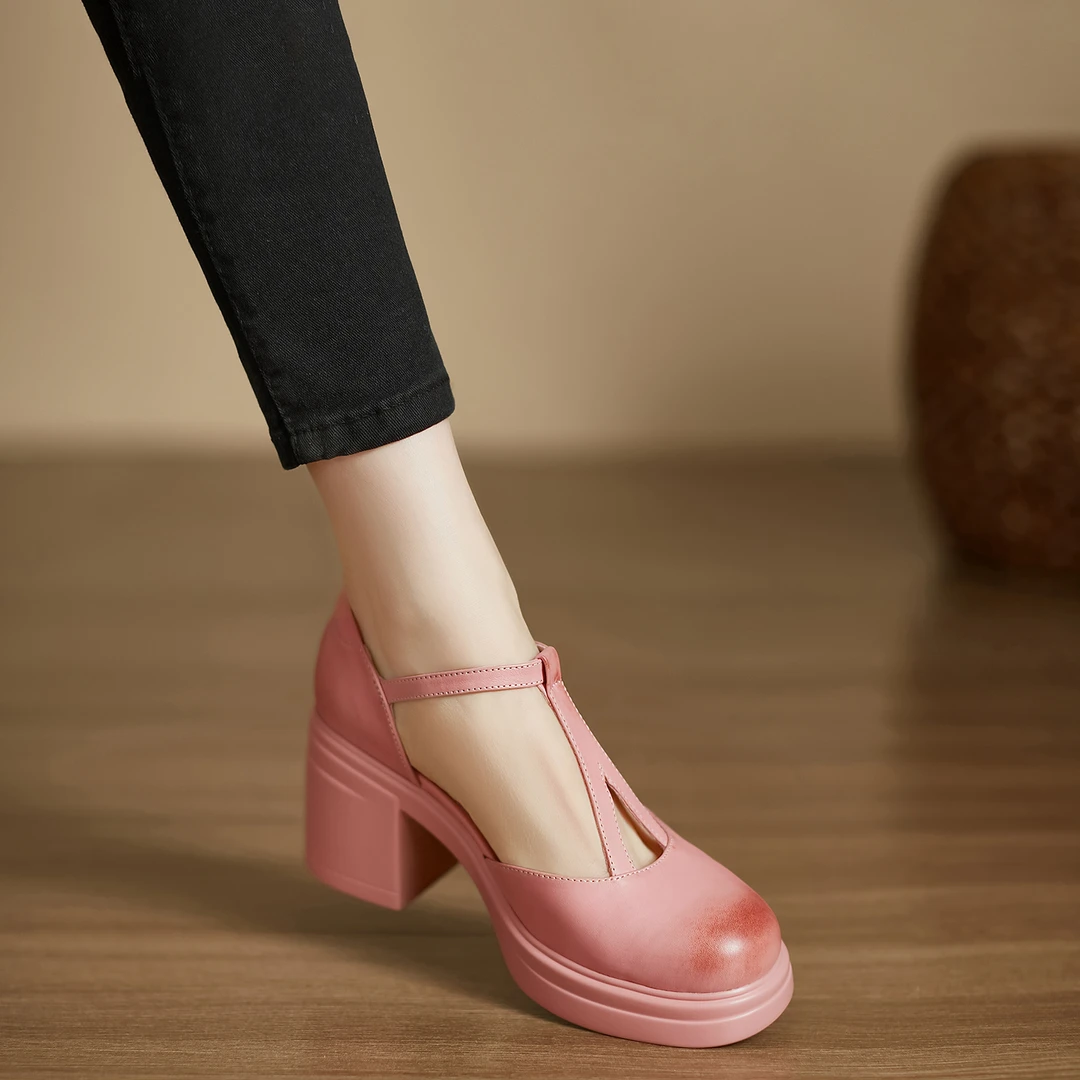 小个子手工女鞋7cm～夏季白搭法式复古玛丽珍鞋不累脚厚底高跟凉鞋