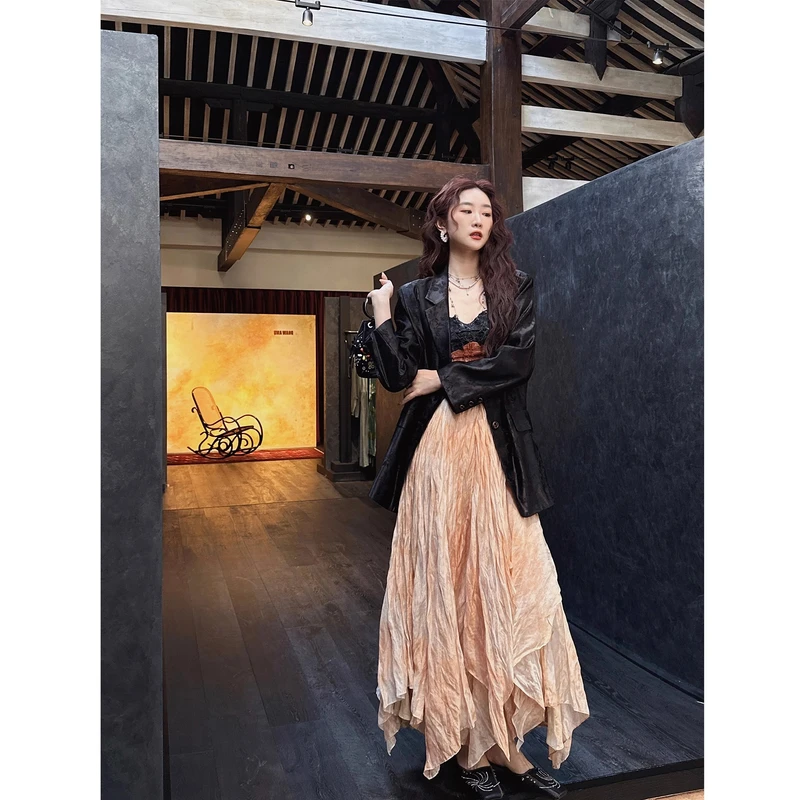 三吉黑花【今禾】新中式金刚纱人丝不规则半身裙女2025新A字长裙