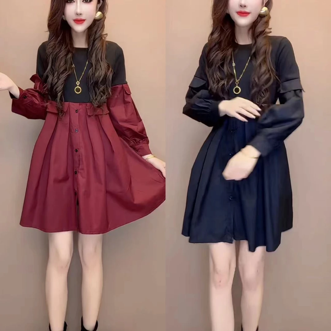 秋季休闲设计师长袖网红连衣裙A字裙拼接百搭